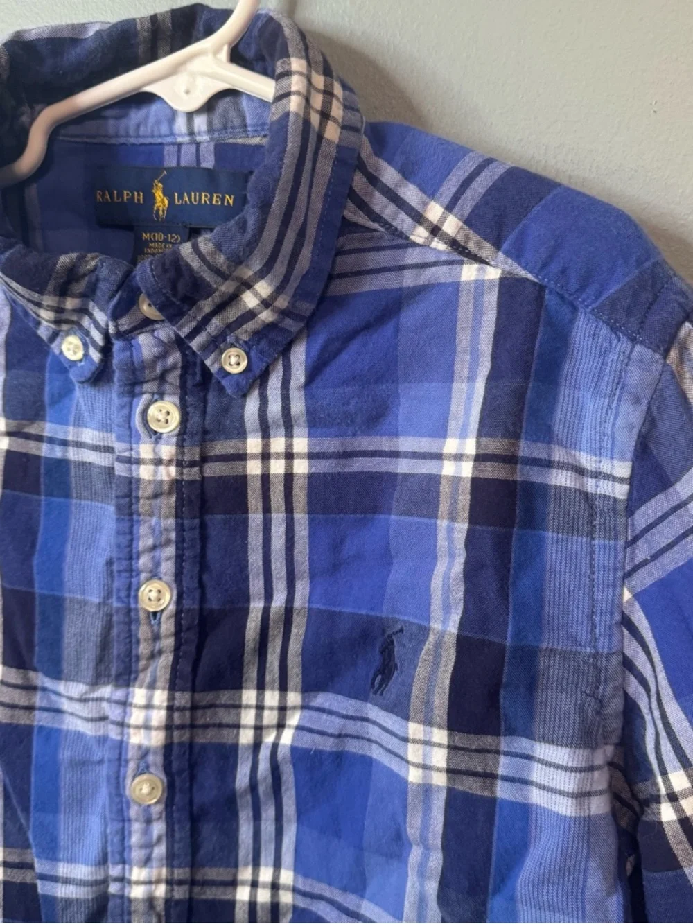 Ralph Lauren Boys Blue Plaid Button Down Shirt, Size M (10-12)
